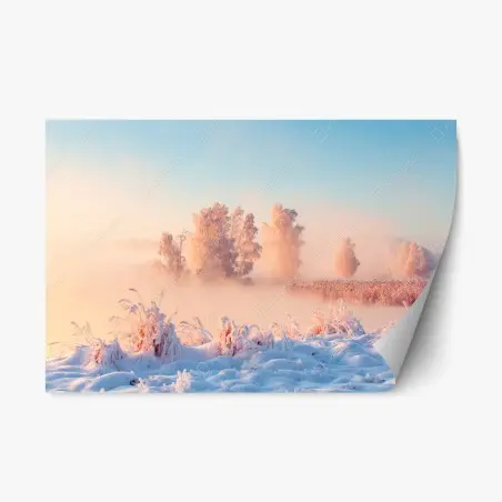 Sticker repositionnable brume rose au lever du soleil sur paysage hivernal – Wallnifity®