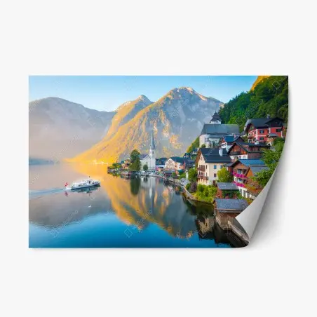 Sticker repositionnable Hallstatt village lacustre alpin au lever du soleil – Wallnifity®