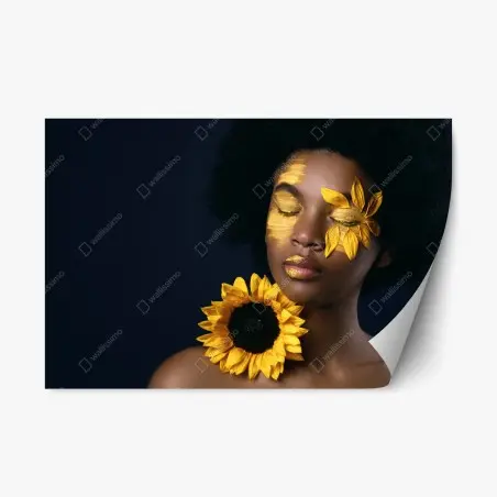 Sticker repositionnable visage solaire: portrait floral d'une femme afro – Wallnifity®