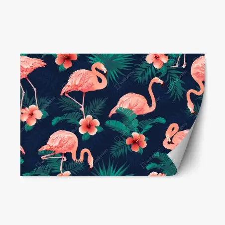 Sticker repositionnable flamants roses et fleurs tropicales sur fond bleu – Wallnifity®