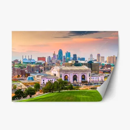 Sticker repositionnable coucher de soleil sur Kansas City — Union Station et skyline – Wallnifity®