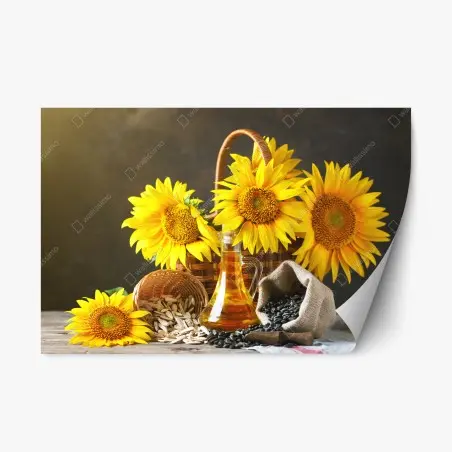 Sticker repositionnable bouquet de tournesols, graines et huile sur table rustique – Wallnifity®