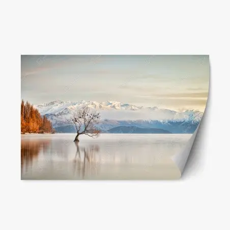 Sticker repositionnable arbre solitaire sur le lac Wanaka en hiver – Wallnifity®