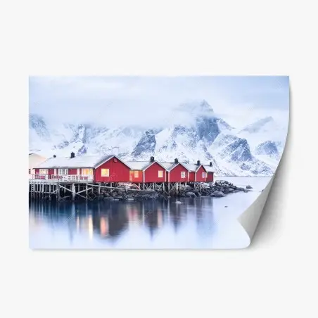 Sticker repositionnable maisons rouges sur le fjord des îles Lofoten – Wallnifity®