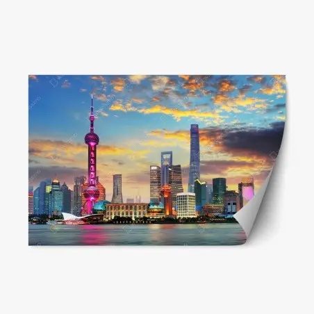 Sticker repositionnable panorama lumineux de Shanghai au crépuscule – Wallnifity®