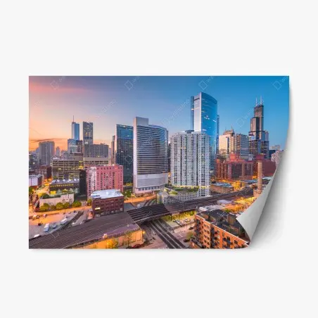 Sticker repositionnable horizon urbain de Chicago au crépuscule – Wallnifity®