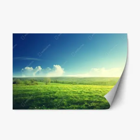 Sticker repositionnable coucher de soleil printanier sur une prairie verdoyante – Wallnifity®