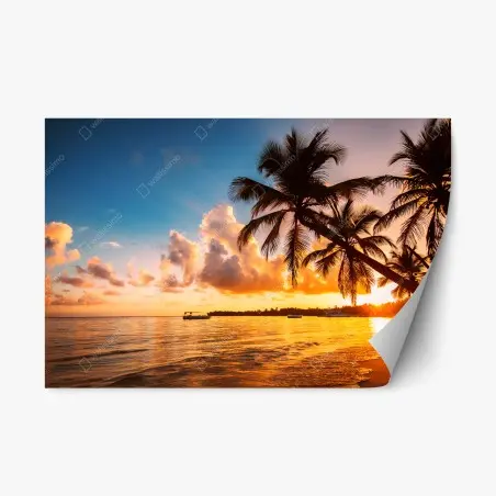 Sticker repositionnable plage tropicale au coucher de soleil, République dominicaine – Wallnifity®