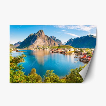 Sticker repositionnable village côtier au pied des montagnes – Wallnifity®
