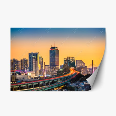 Sticker repositionnable coucher de soleil sur Boston : pont Tobin et pont Zakim en lumière – Wallnifity®