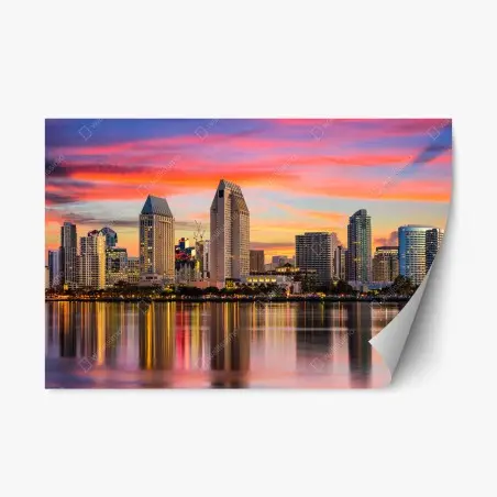 Sticker repositionnable coucher de soleil sur San Diego, skyline réfléchie – Wallnifity®