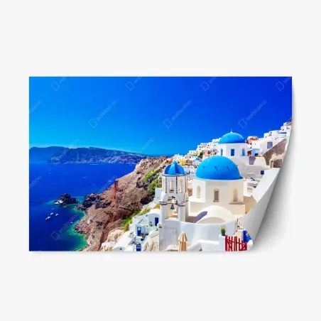 Sticker repositionnable village aux dômes bleus de Santorin – Wallnifity®