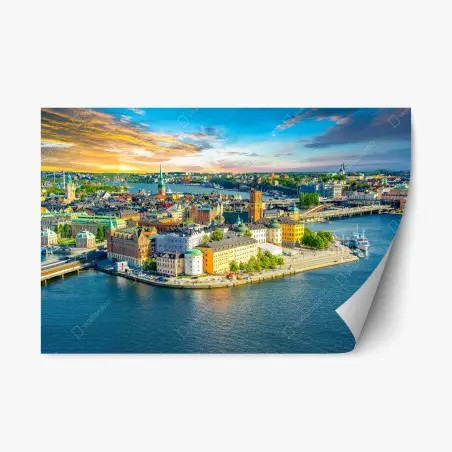 Sticker repositionnable panorama coloré de Stockholm au crépuscule – Wallnifity®