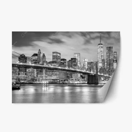 Sticker repositionnable panorama nocturne de New York et du pont de Brooklyn en noir et blanc – Wallnifity®
