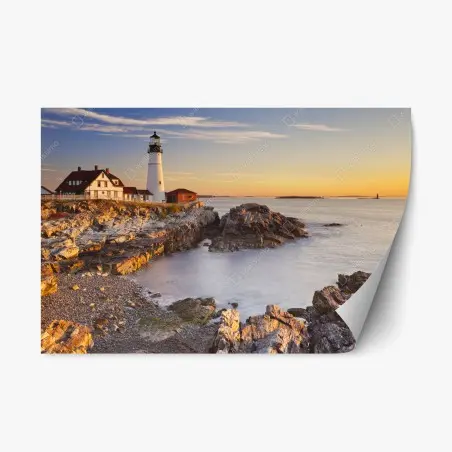 Sticker repositionnable phare de Portland au lever du soleil sur la côte – Wallnifity®