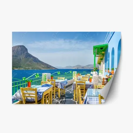 Sticker repositionnable terrasse en bord de mer aux couleurs vives – Wallnifity®