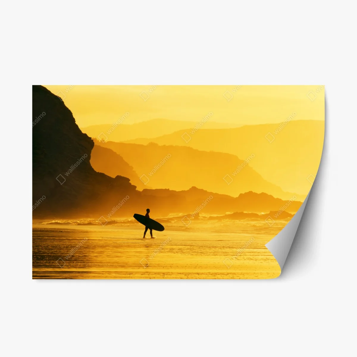 Sticker repositionnable silhouette de surfeur au coucher de soleil doré – Wallnifity® Sticker repositionnable silhouette de surfeur au coucher de soleil doré – Wallnifity®