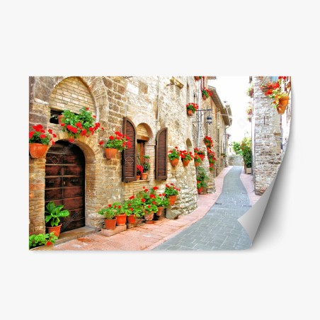 Sticker repositionnable ruelle fleurie dans un village en pierre – Wallnifity®