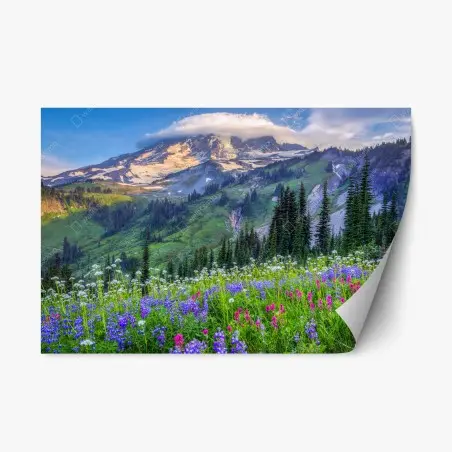 Sticker repositionnable prairie alpine fleurie au pied de la montagne – Wallnifity®