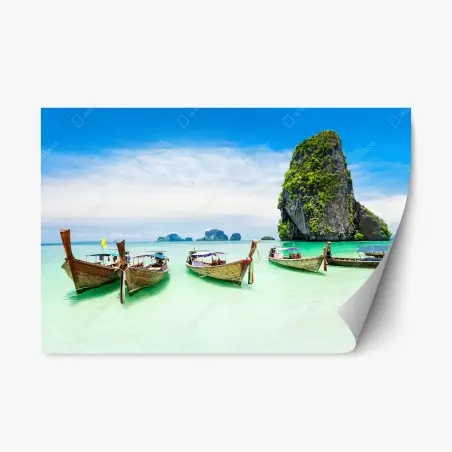 Sticker repositionnable évasion tropicale : bateaux traditionnels sur eau turquoise – Wallnifity®