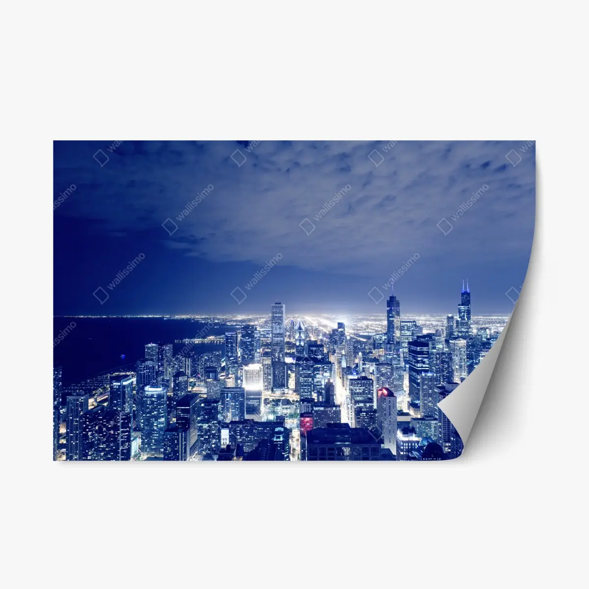 Sticker repositionnable panorama nocturne de Chicago en lumières bleutées – Wallnifity®