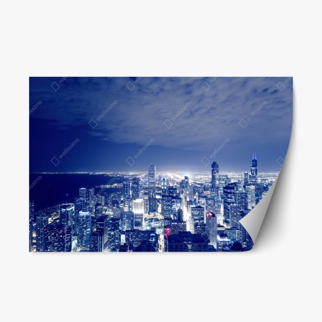 Sticker repositionnable panorama nocturne de Chicago en lumières bleutées – Wallnifity®