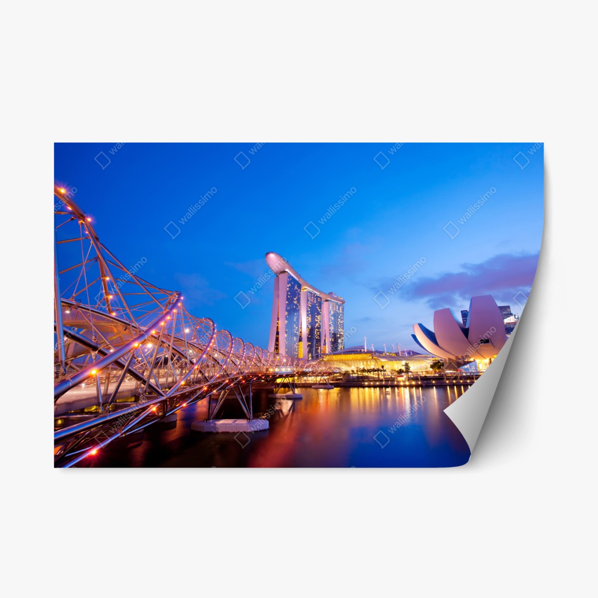 Sticker repositionnable nuit sur le pont hélicoïdal et Marina Bay Sands à Singapour – Wallnifity®