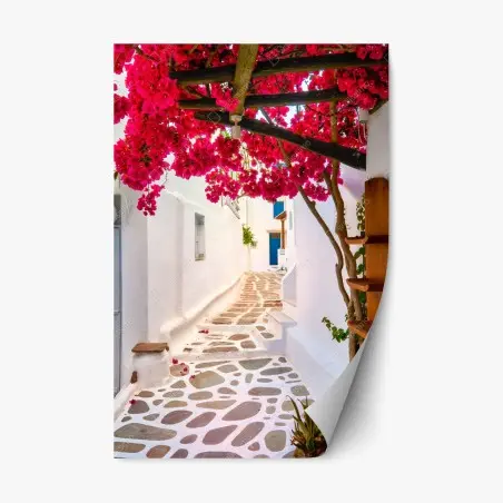 Sticker repositionnable ruelle aux bougainvilliers et pavés blancs – Wallnifity®