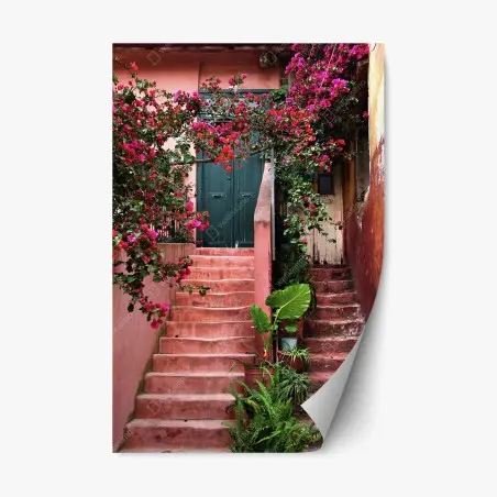 Sticker repositionnable escalier fleuri aux bougainvilliers – Wallnifity®