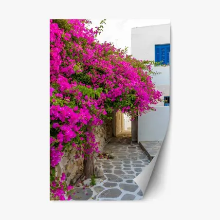 Sticker repositionnable ruelle cycladique fleurie à Naousa, Paros, Grèce – Wallnifity®
