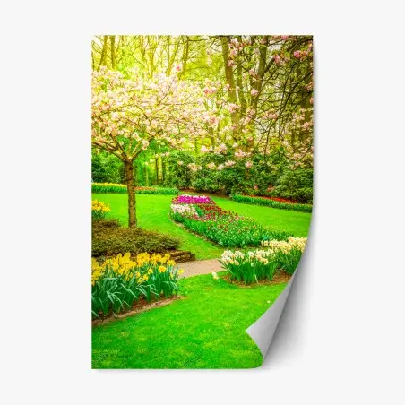Sticker repositionnable jardin printanier aux tulipes et cerisiers en fleurs – Wallnifity®