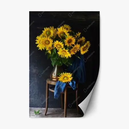 Sticker repositionnable bouquet de tournesols sur chaise rustique – Wallnifity®