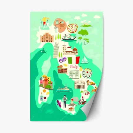 Sticker repositionnable carte illustrée de l'Italie en couleurs – Wallnifity®