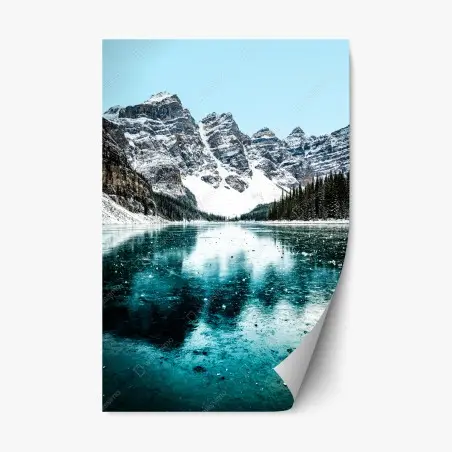 Sticker repositionnable paysage montagneux hivernal au lac turquoise – Wallnifity®