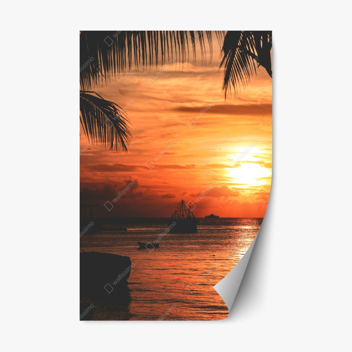 Sticker repositionnable coucher de soleil tropical aux silhouettes de bateaux – Wallnifity®