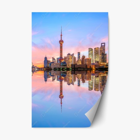 Sticker repositionnable panorama urbain de Shanghai au lever du soleil – Wallnifity®