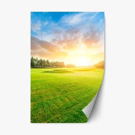 Sticker repositionnable coucher de soleil doré sur le gazon et la forêt – Wallnifity®