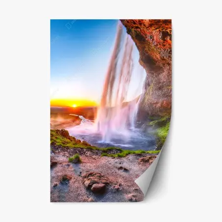 Sticker repositionnable cascade de Seljalandsfoss au coucher de soleil – Wallnifity®