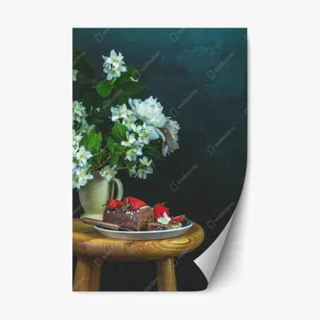 Sticker repositionnable nature morte gourmande aux fraises et pivoines – Wallnifity®