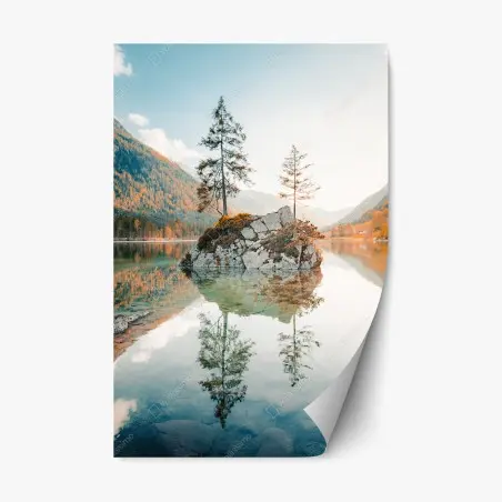 Sticker repositionnable îlot rocheux et reflet sur le lac à Hintersee – Wallnifity®