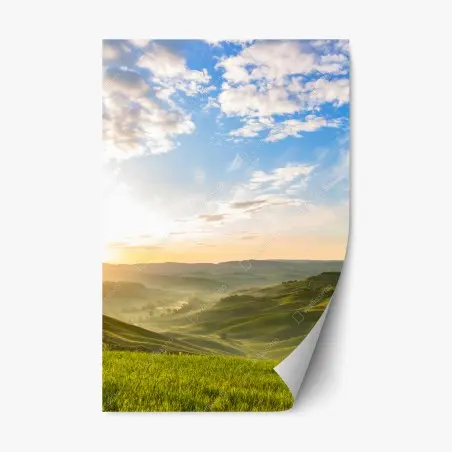 Sticker repositionnable aurore dorée sur collines verdoyantes – Wallnifity®