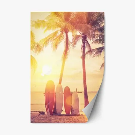 Sticker repositionnable coucher de soleil tropical avec planches de surf – Wallnifity®