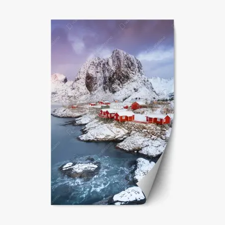 Sticker repositionnable village de cabanes rouges au pied des montagnes – Wallnifity®