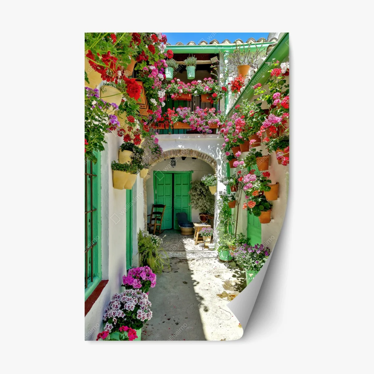 Sticker repositionnable patio fleuri aux portes vertes – Wallnifity® Sticker repositionnable patio fleuri aux portes vertes – Wallnifity®