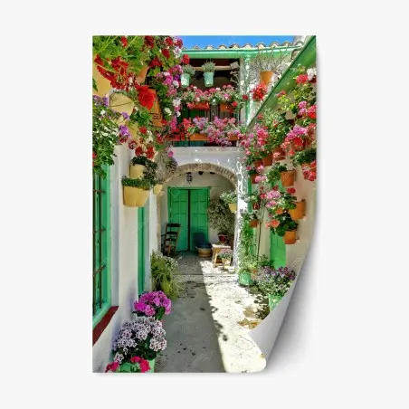 Sticker repositionnable patio fleuri aux portes vertes – Wallnifity®
