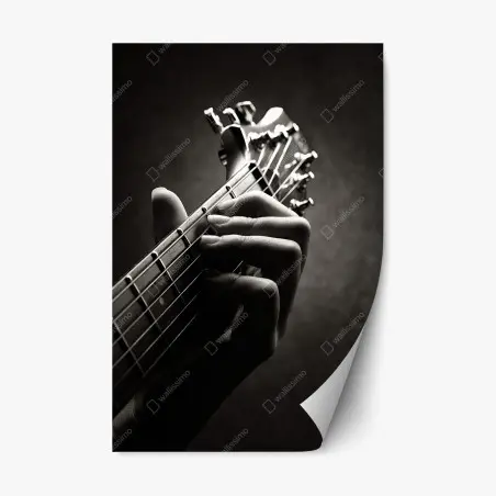 Sticker repositionnable main de guitariste en gros plan noir et blanc – Wallnifity®