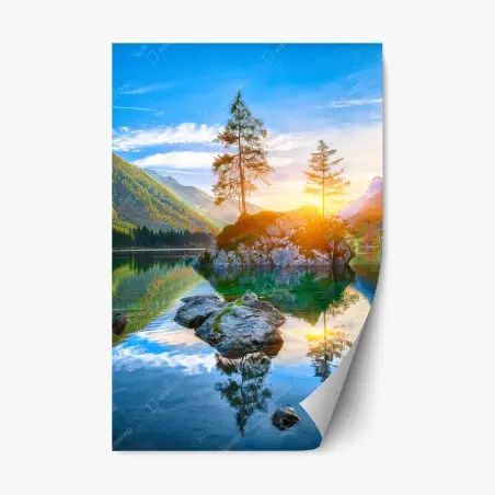 Sticker repositionnable coucher de soleil automnal sur le lac Hintersee, Alpes de Bavière – Wallnifity®