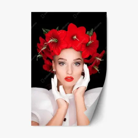 Sticker repositionnable portrait élégant à la couronne de fleurs rouges – Wallnifity®