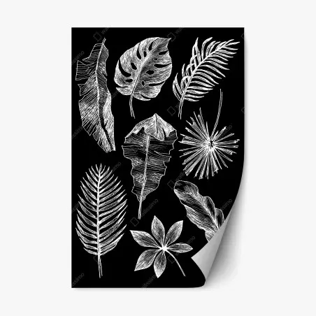Sticker repositionnable motifs de feuilles tropicales en croquis blanc et noir – Wallnifity®