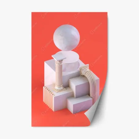 Sticker repositionnable sphère marbrée et colonnes néoclassiques sur fond corail – Wallnifity®